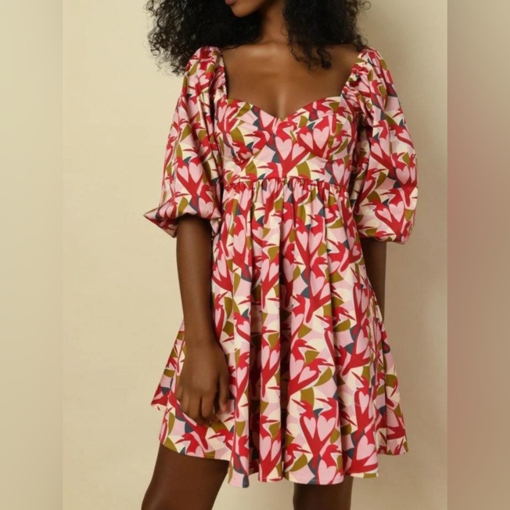 Slate + Willow Love Bird Mini Dress, Pink Puff Sleeve Square Neck Dress